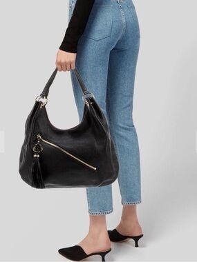 MICHAEL MICHAEL KORS Large  Black Pebble Leather Charm
Tassel Hobo Shoulder Bag